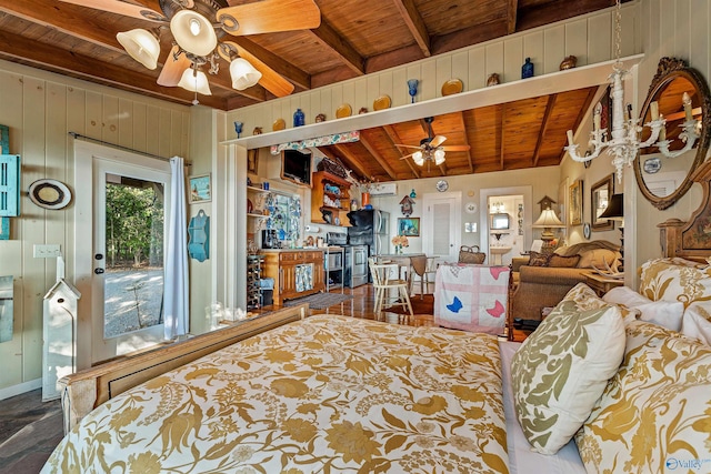 bedroom featuring vaulted ceiling with beams, wood ceiling, and wood walls