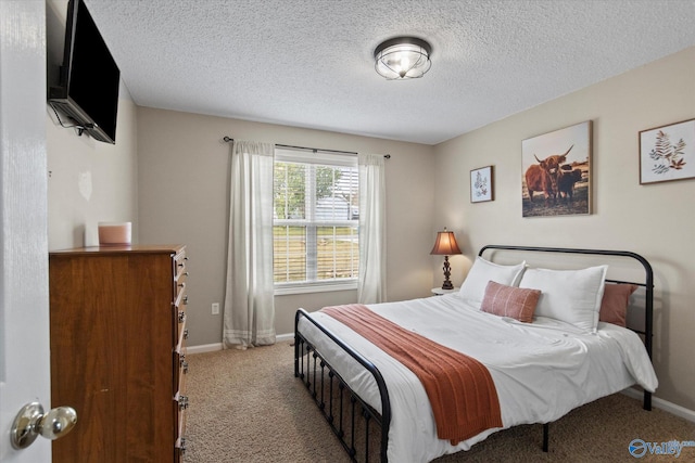 bedroom featuring carpet floors, baseboards, and a textured ceiling