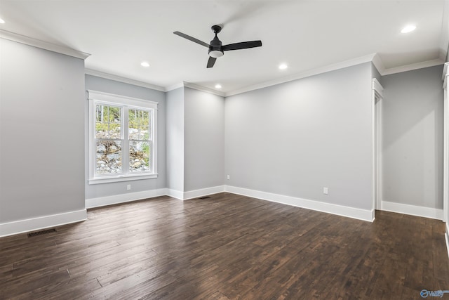 interior space featuring dark wood-style flooring, recessed lighting, visible vents, ceiling fan, and baseboards