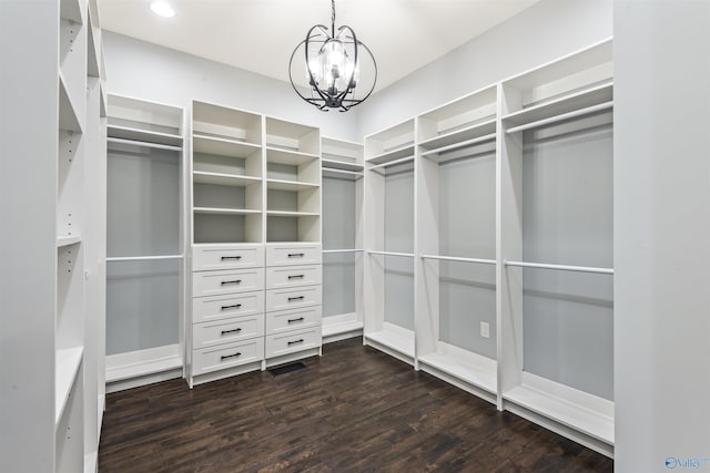 walk in closet with dark wood-style flooring and an inviting chandelier