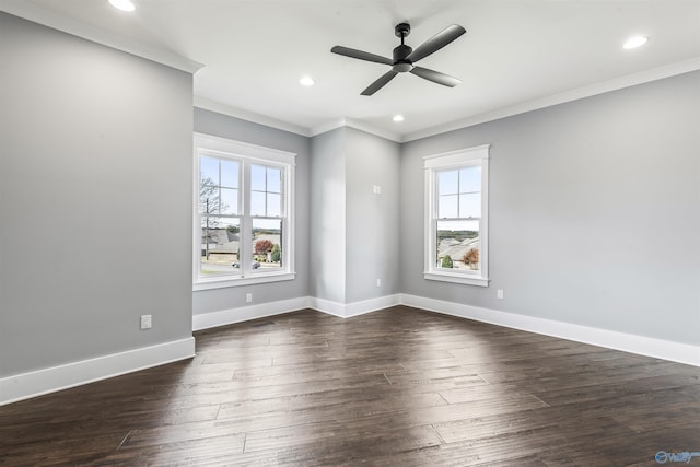 spare room with dark wood finished floors, a wealth of natural light, and baseboards