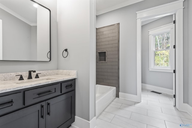 full bathroom with visible vents, shower / bathing tub combination, ornamental molding, vanity, and baseboards