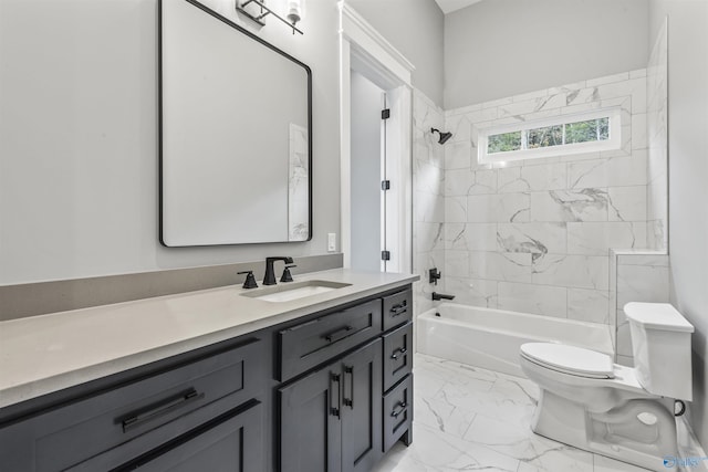 bathroom with toilet, marble finish floor, shower / bath combination, and vanity