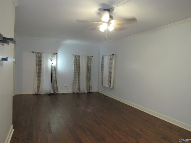 unfurnished room featuring ornamental molding, dark hardwood / wood-style floors, and ceiling fan