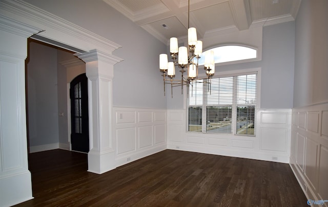 unfurnished dining area featuring coffered ceiling, beamed ceiling, decorative columns, ornamental molding, and dark hardwood / wood-style floors