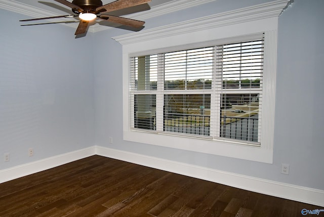 unfurnished room featuring ceiling fan, hardwood / wood-style flooring, and ornamental molding