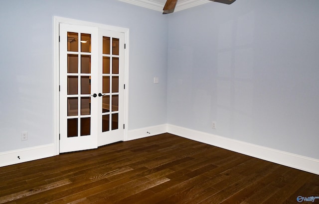 unfurnished room featuring ornamental molding, dark hardwood / wood-style floors, and french doors