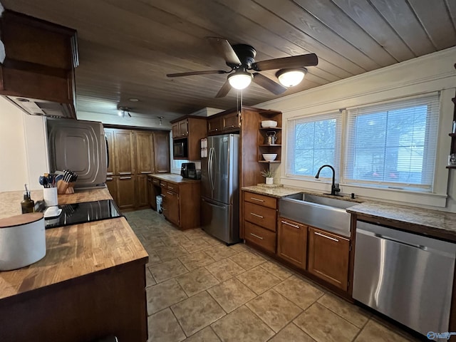 kitchen with butcher block counters, sink, wood ceiling, appliances with stainless steel finishes, and ceiling fan