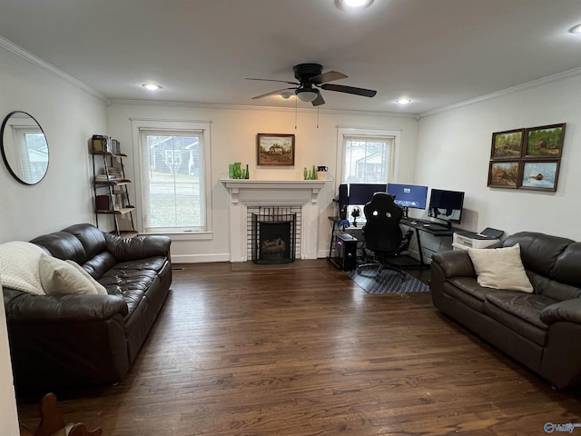 living room featuring dark hardwood / wood-style flooring, crown molding, a fireplace, and ceiling fan