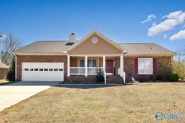 view of front of property featuring covered porch, concrete driveway, a garage, brick siding, and a chimney