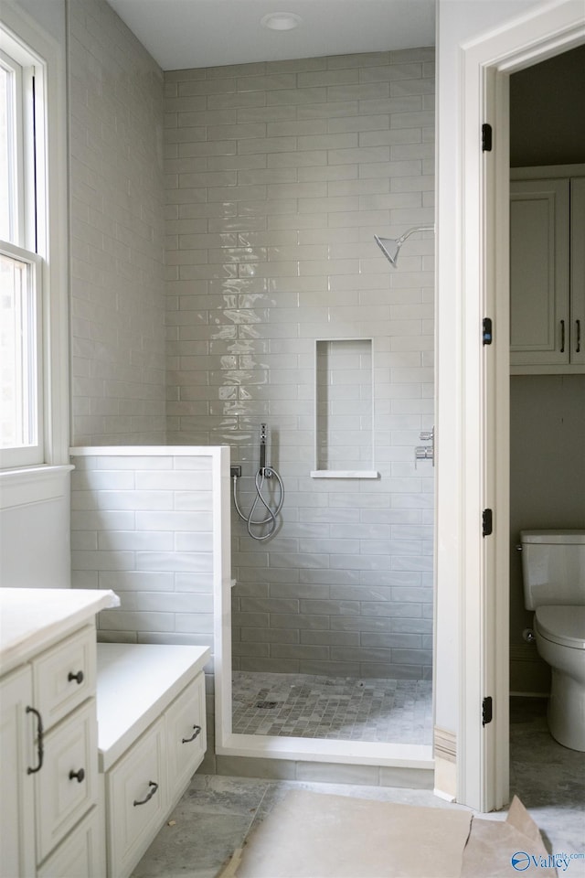 bathroom with vanity, a healthy amount of sunlight, a tile shower, and toilet