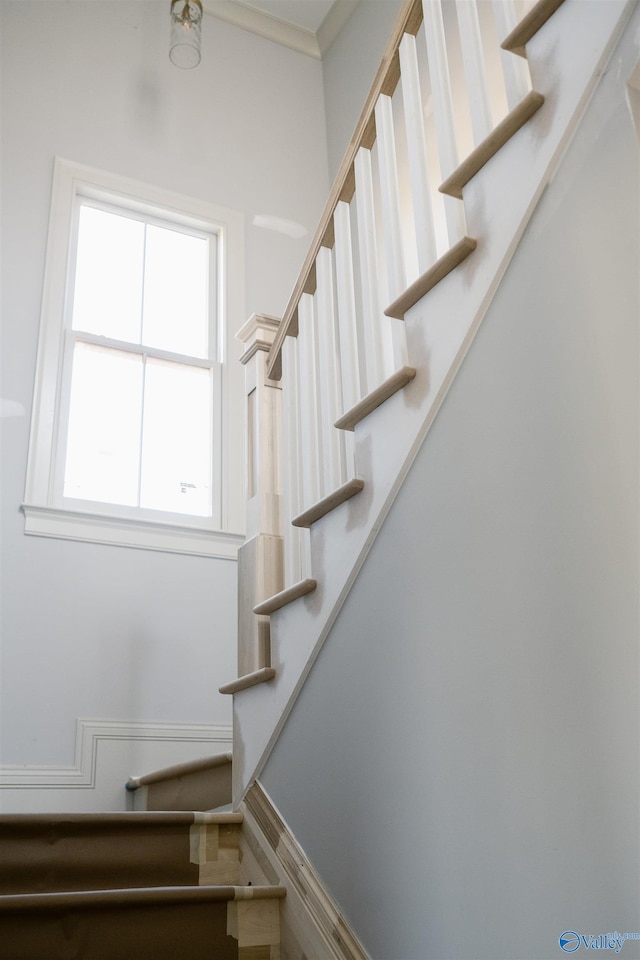 stairs with crown molding