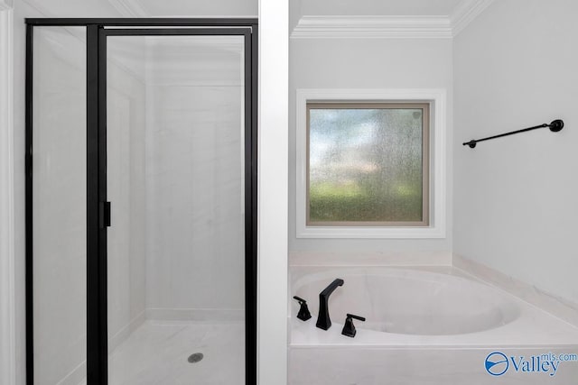 bathroom with crown molding and independent shower and bath