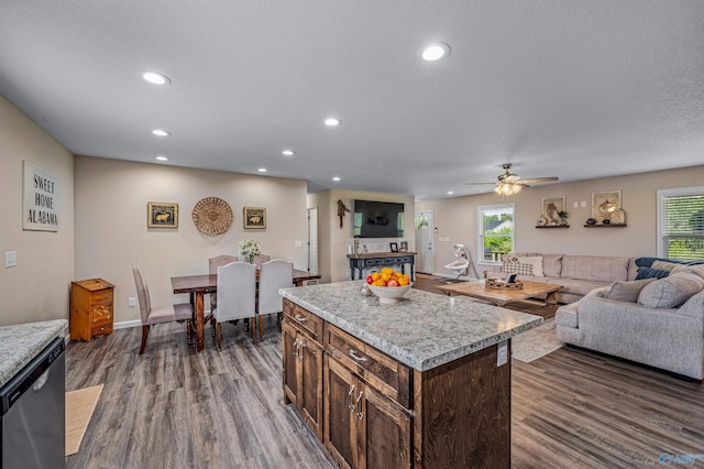 kitchen featuring recessed lighting, a healthy amount of sunlight, open floor plan, and dark wood-type flooring