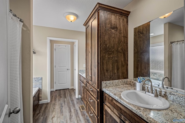 bathroom featuring baseboards, wood finished floors, and vanity