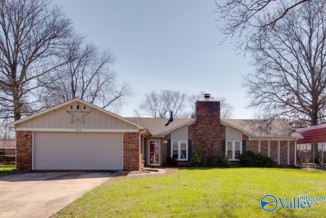 view of front of home featuring concrete driveway, brick siding, a chimney, and a front yard