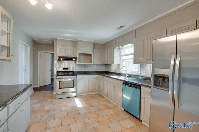 kitchen with appliances with stainless steel finishes, dark countertops, a sink, and under cabinet range hood