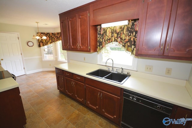 kitchen featuring tile patterned flooring, a notable chandelier, dishwasher, pendant lighting, and sink