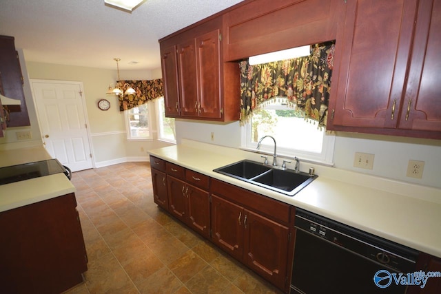 kitchen with sink, a chandelier, hanging light fixtures, and black dishwasher