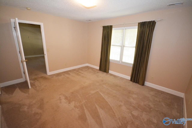 unfurnished room with light colored carpet and a textured ceiling