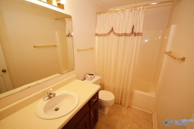 full bathroom with tile patterned flooring, crown molding, shower / bathtub combination with curtain, toilet, and vanity