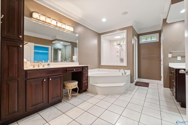 bathroom featuring a bathtub, crown molding, tile patterned flooring, and vanity