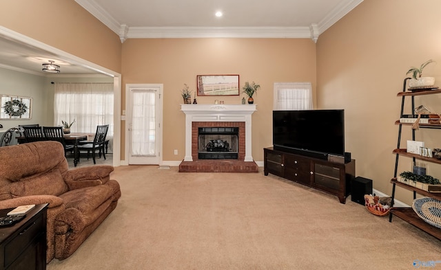 carpeted living room featuring ornamental molding and a brick fireplace