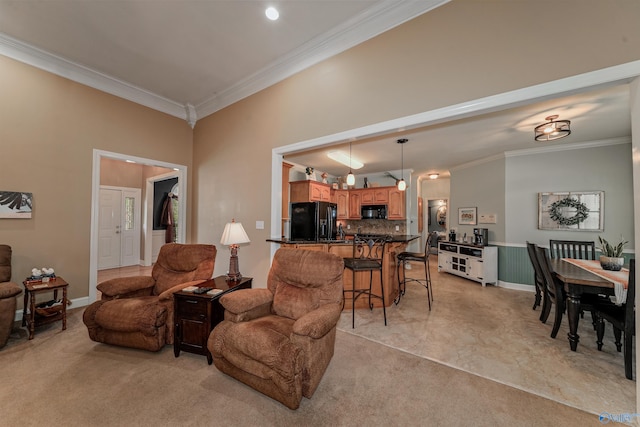 carpeted living room featuring crown molding