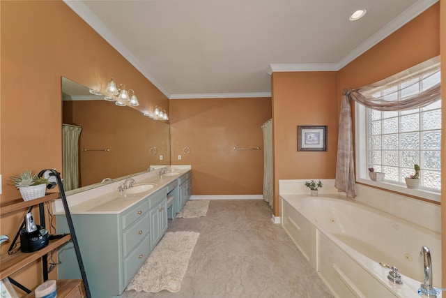 bathroom with crown molding, vanity, and a bathing tub