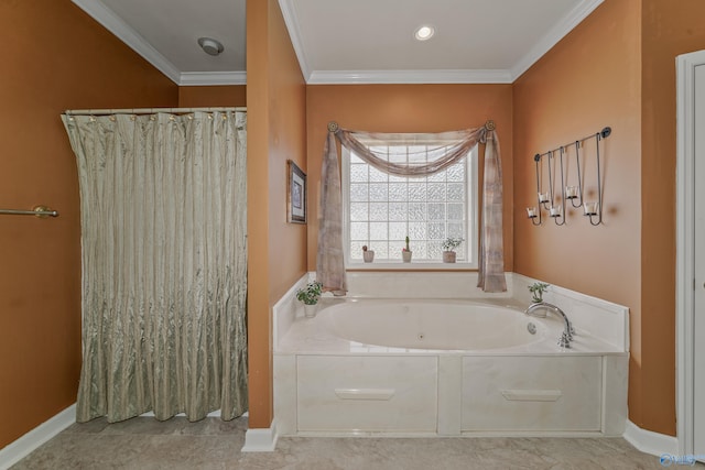 bathroom featuring a bathing tub, crown molding, and tile patterned floors