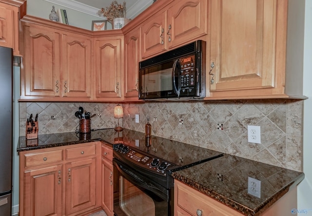 kitchen featuring dark stone counters, black appliances, ornamental molding, and tasteful backsplash