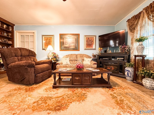 living room with ornamental molding