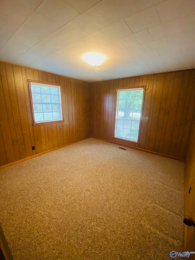 carpeted spare room featuring wood walls