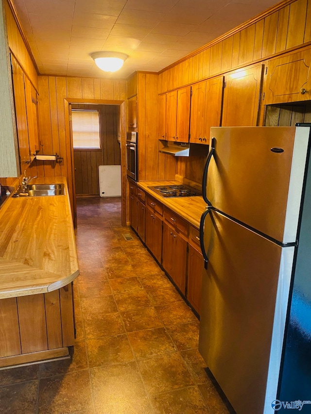 kitchen featuring wood walls, sink, and stainless steel appliances