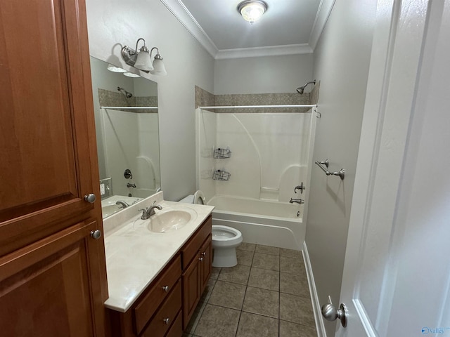 full bathroom featuring shower / bathtub combination, vanity, tile patterned floors, crown molding, and toilet