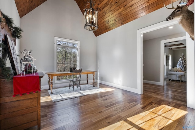 home office with wooden ceiling, high vaulted ceiling, wood-type flooring, and a notable chandelier