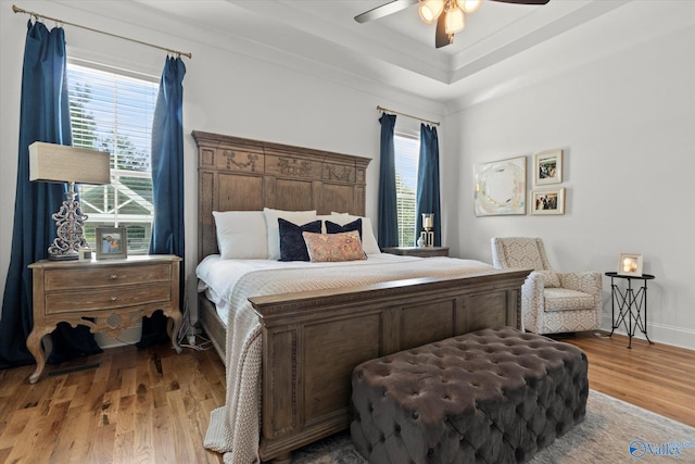 22424 Cantera Dr, Athens, AL 35613 - bedroom with light wood-style flooring, multiple windows, a ceiling fan, and a tray ceiling