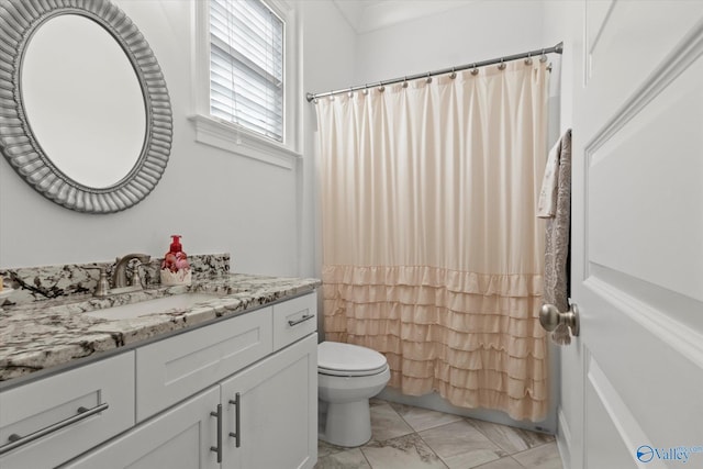 22424 Cantera Dr, Athens, AL 35613 - full bathroom with marble finish flooring, toilet, vanity, and curtained shower