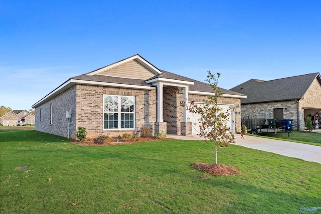 single story home with an attached garage, a front lawn, concrete driveway, and brick siding