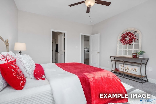 bedroom with carpet flooring, a ceiling fan, and baseboards