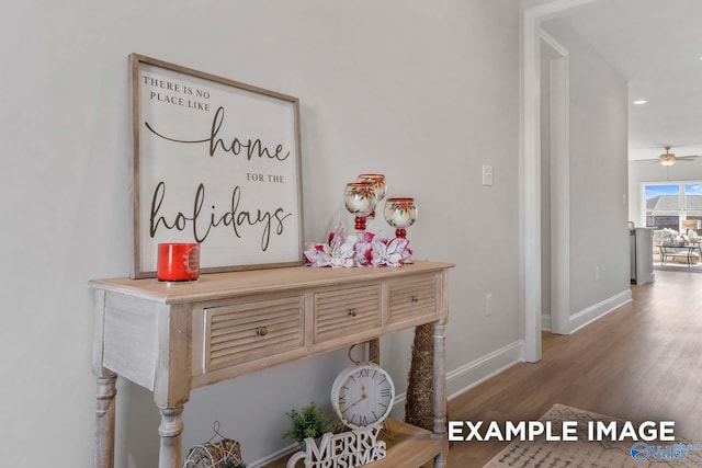 room details with a ceiling fan, baseboards, and wood finished floors