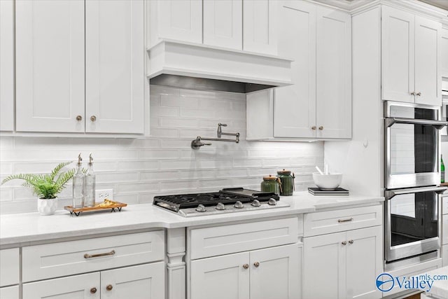 108 Napolean Ave, Madison, AL 35758 - kitchen featuring stainless steel appliances, white cabinetry, tasteful backsplash, custom range hood, and light stone counters