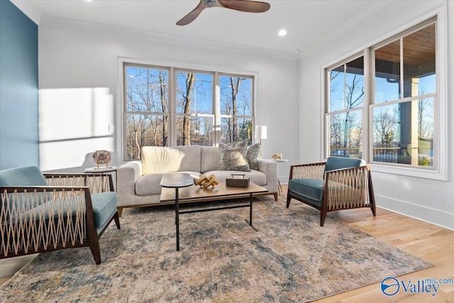 living area with a healthy amount of sunlight, baseboards, and wood finished floors