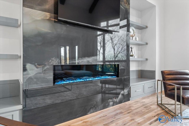 kitchen with built in shelves, open shelves, and wood finished floors