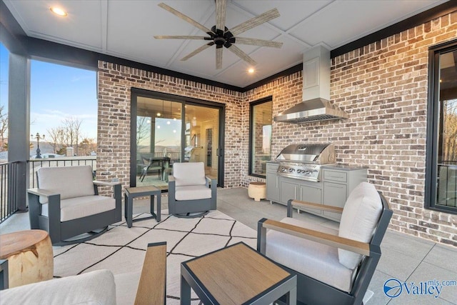 view of patio / terrace with an outdoor hangout area, area for grilling, and a ceiling fan