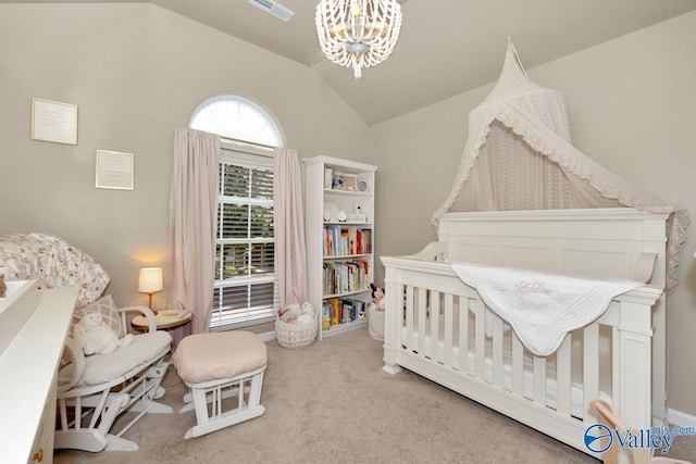 bedroom featuring light carpet, visible vents, vaulted ceiling, and a notable chandelier