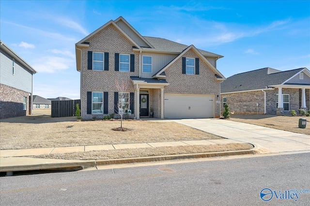 view of front of home with brick siding, board and batten siding, roof with shingles, a garage, and driveway