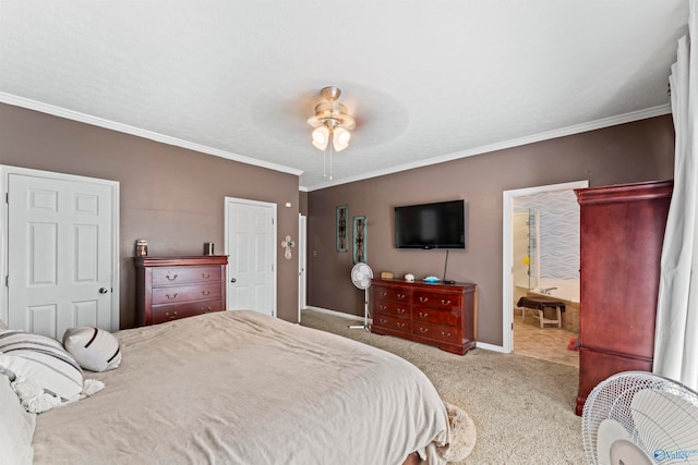 bedroom with crown molding, light carpet, and ceiling fan