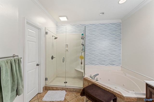 bathroom with vanity, tile patterned floors, independent shower and bath, and ornamental molding