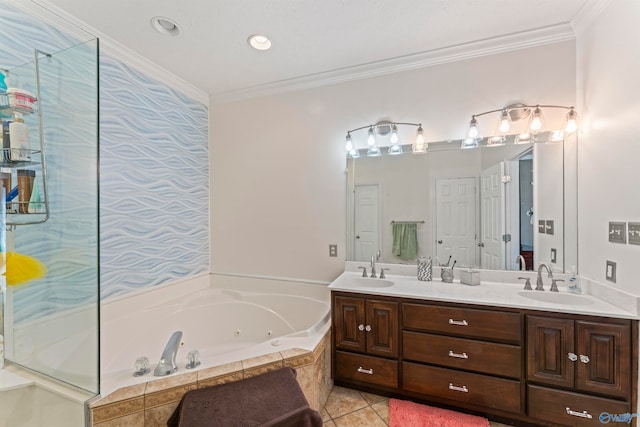 bathroom featuring vanity, crown molding, tile patterned floors, and independent shower and bath